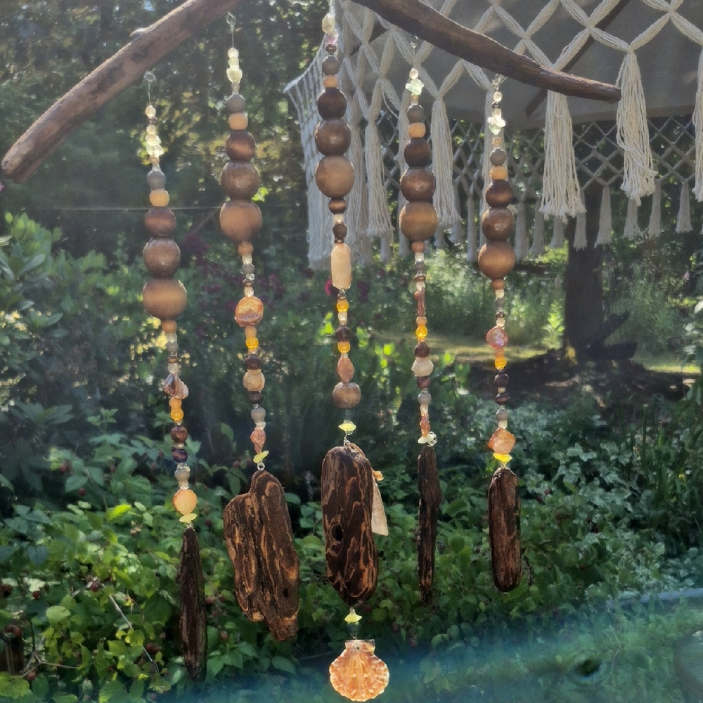 Handcrafted Beach Wood and Gemstones Beaded Wind Chimes